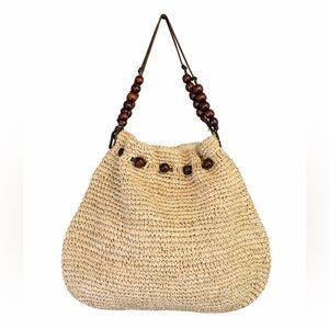 FLORA BELLA Women’s Raffia Grass Leather Handles Wood Ball Accents XL Tote Bag